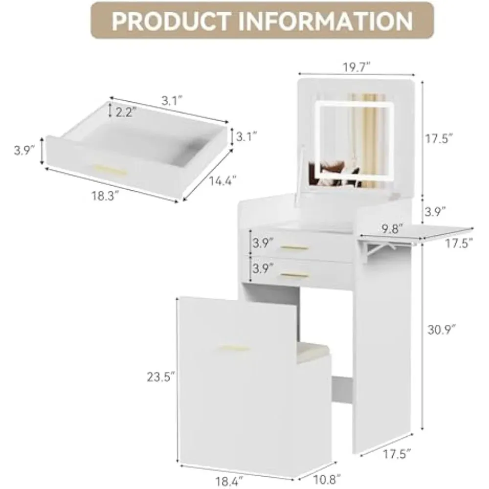Compact Vanity Desk with Flip-Top Mirror, Storage Stool, and Drawers