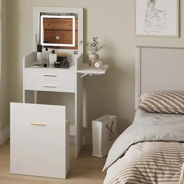 Compact Vanity Desk with Flip-Top Mirror, Storage Stool, and Drawers