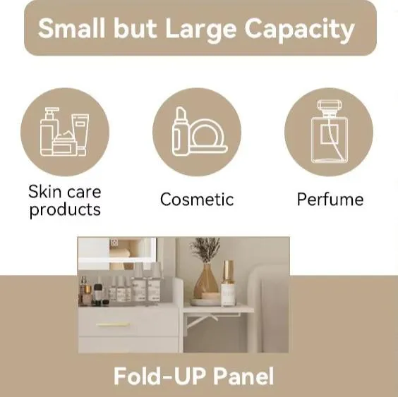 Compact Vanity Desk with Flip-Top Mirror, Storage Stool, and Drawers