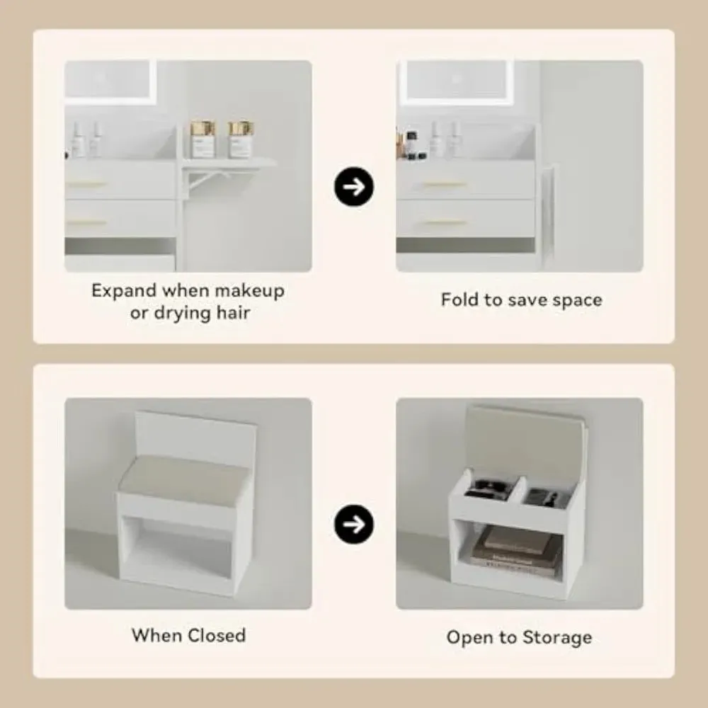 Compact Vanity Desk with Flip-Top Mirror, Storage Stool, and Drawers