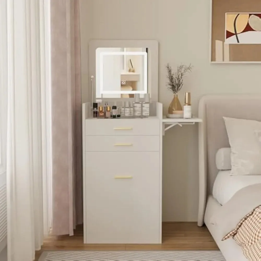 Compact Vanity Desk with Flip-Top Mirror, Storage Stool, and Drawers
