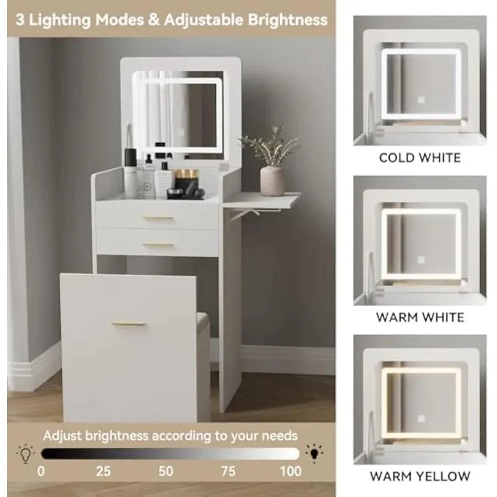 Compact Vanity Desk with Flip-Top Mirror, Storage Stool, and Drawers
