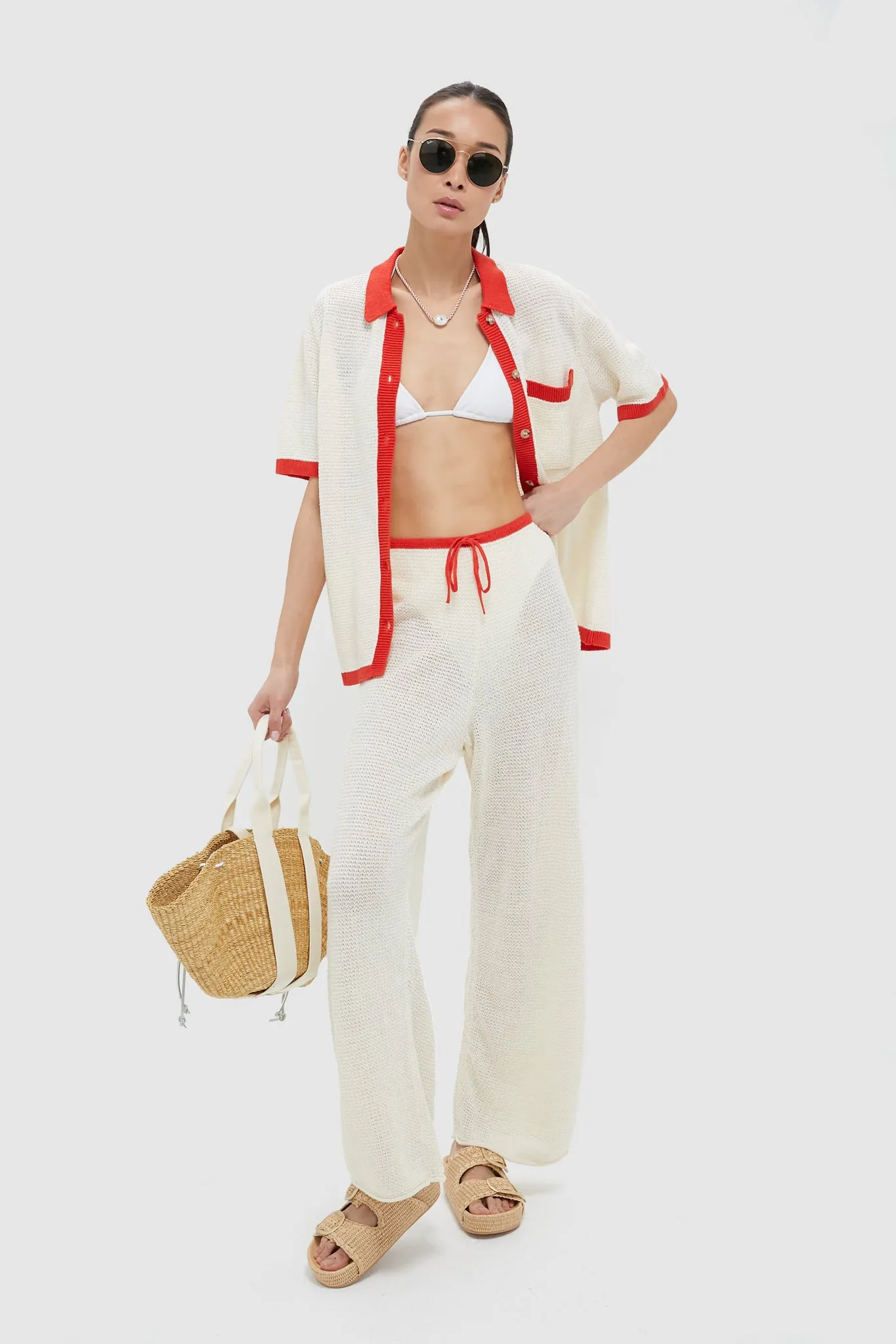 Cream Linen Knit Drawstring Pant