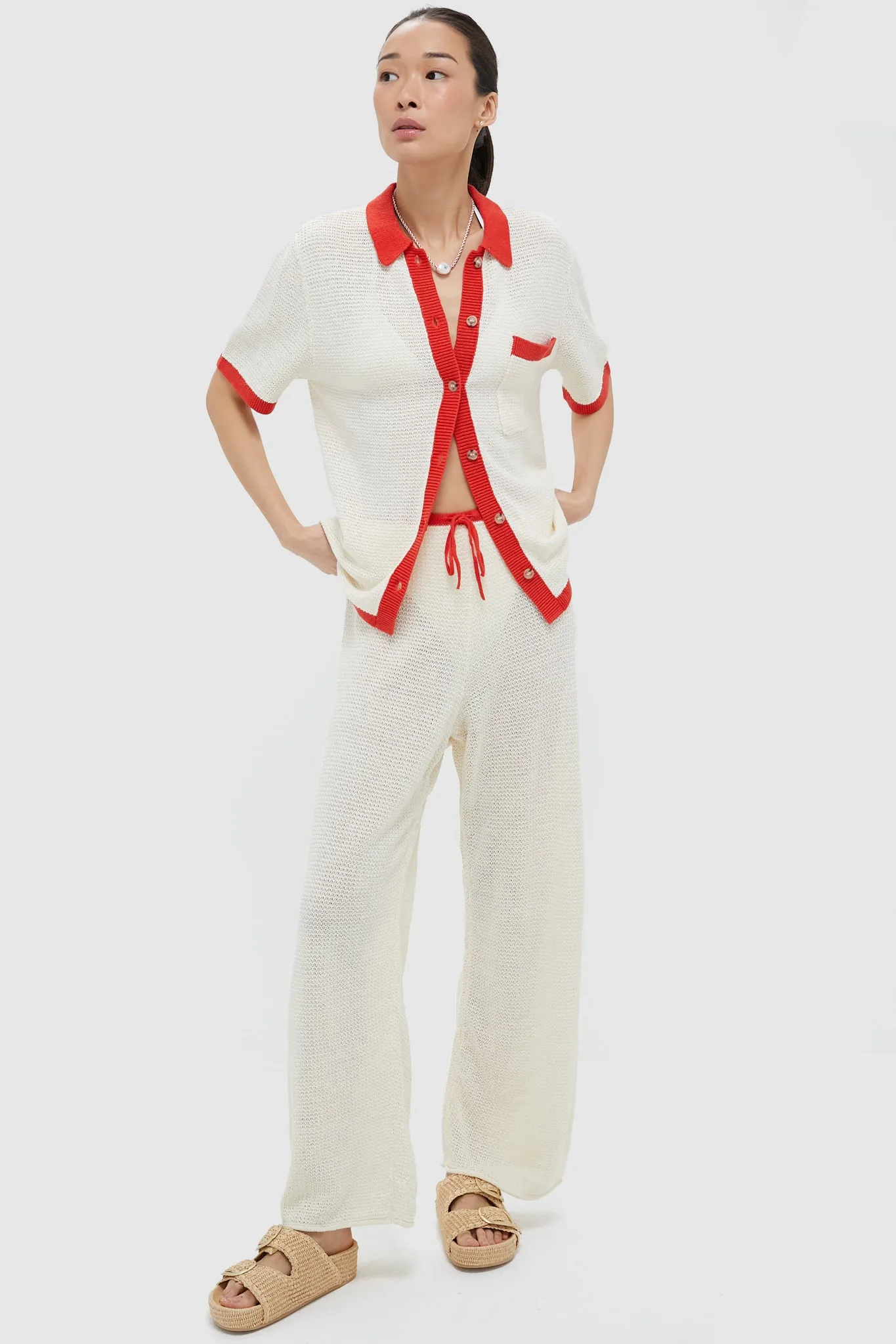 Cream Linen Knit Drawstring Pant