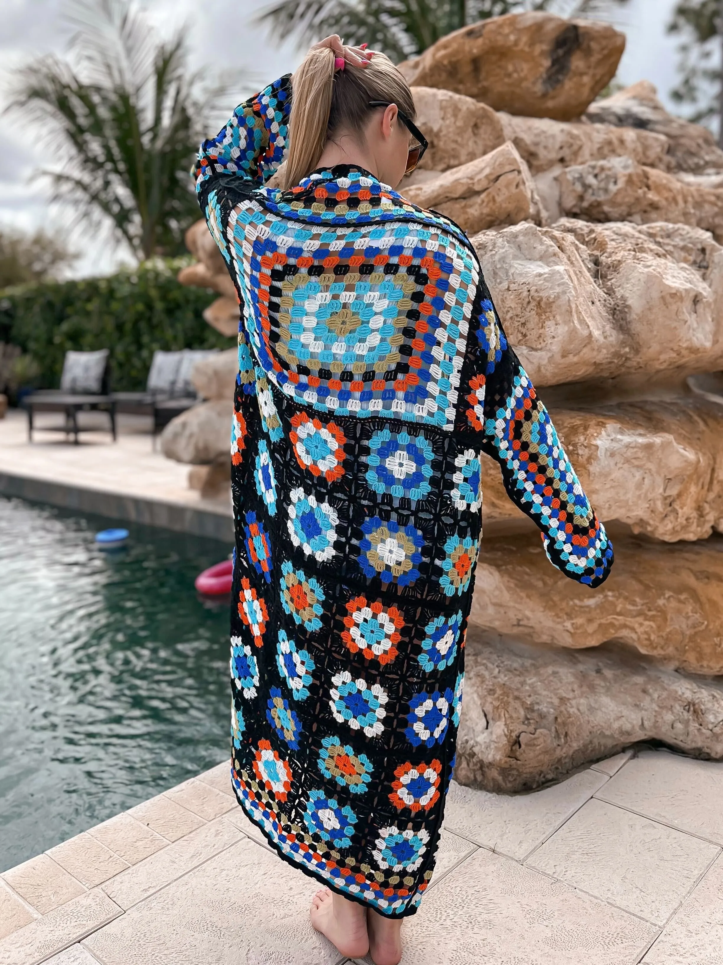 DOORBUSTER: Multi Color Granny Square Crochet Duster By Pol - Blue