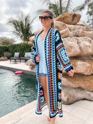 DOORBUSTER: Multi Color Granny Square Crochet Duster By Pol - Blue