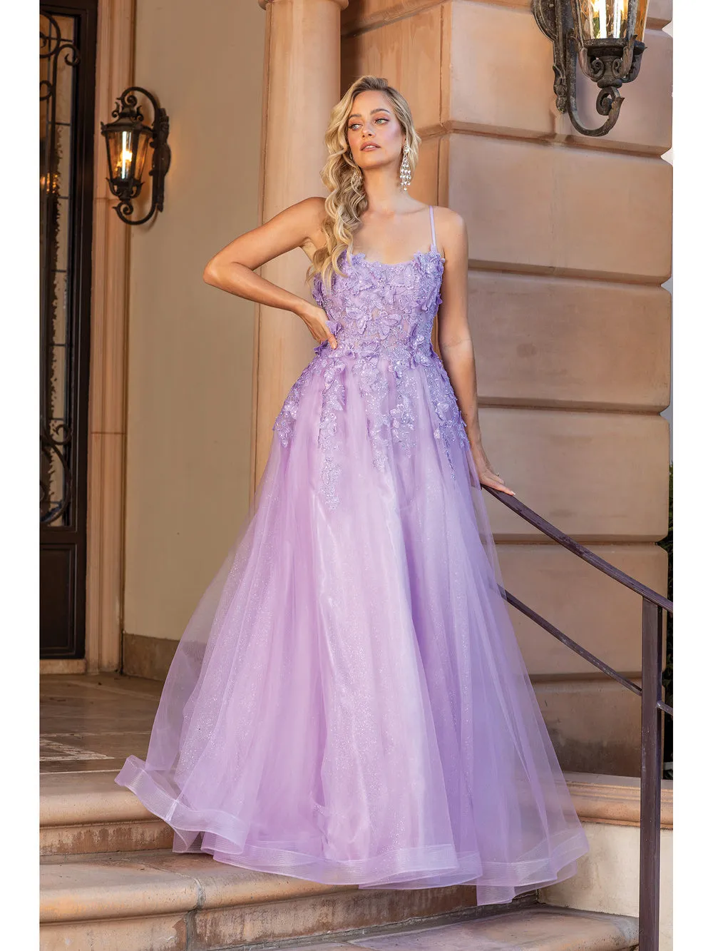 DQ 4355 - A-Line 3D Butterfly Bodice Prom Gown with Strappy Lace Up Back