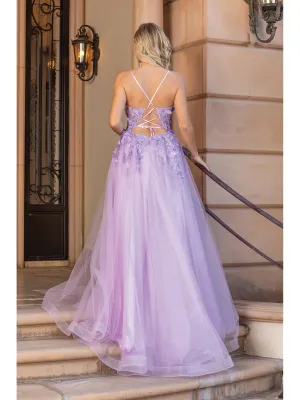 DQ 4355 - A-Line 3D Butterfly Bodice Prom Gown with Strappy Lace Up Back