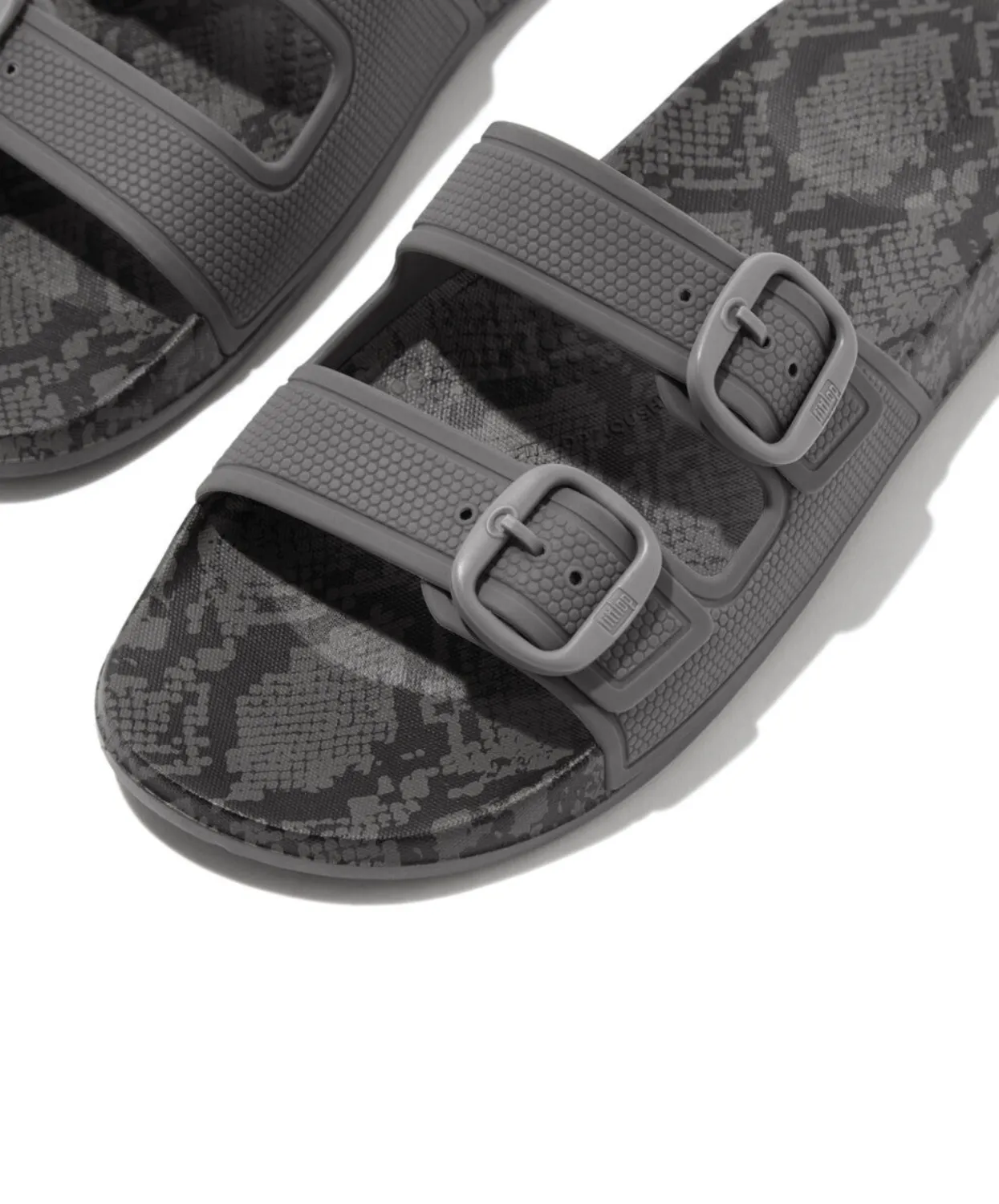 Fitflop iQushion Snake Print Two Bar Buckle Slides Pewter