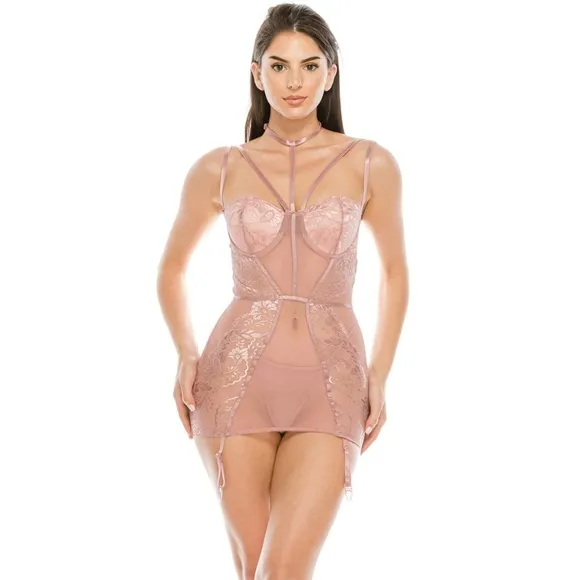 Floral Lace And Mesh Chemise Set