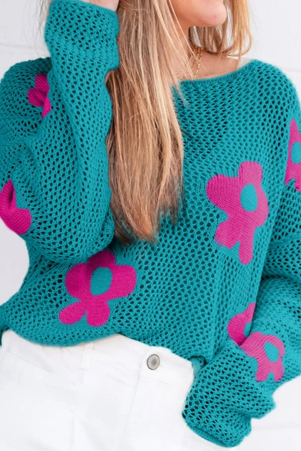Flower Boat Neck Long Sleeve Knit Cover Up