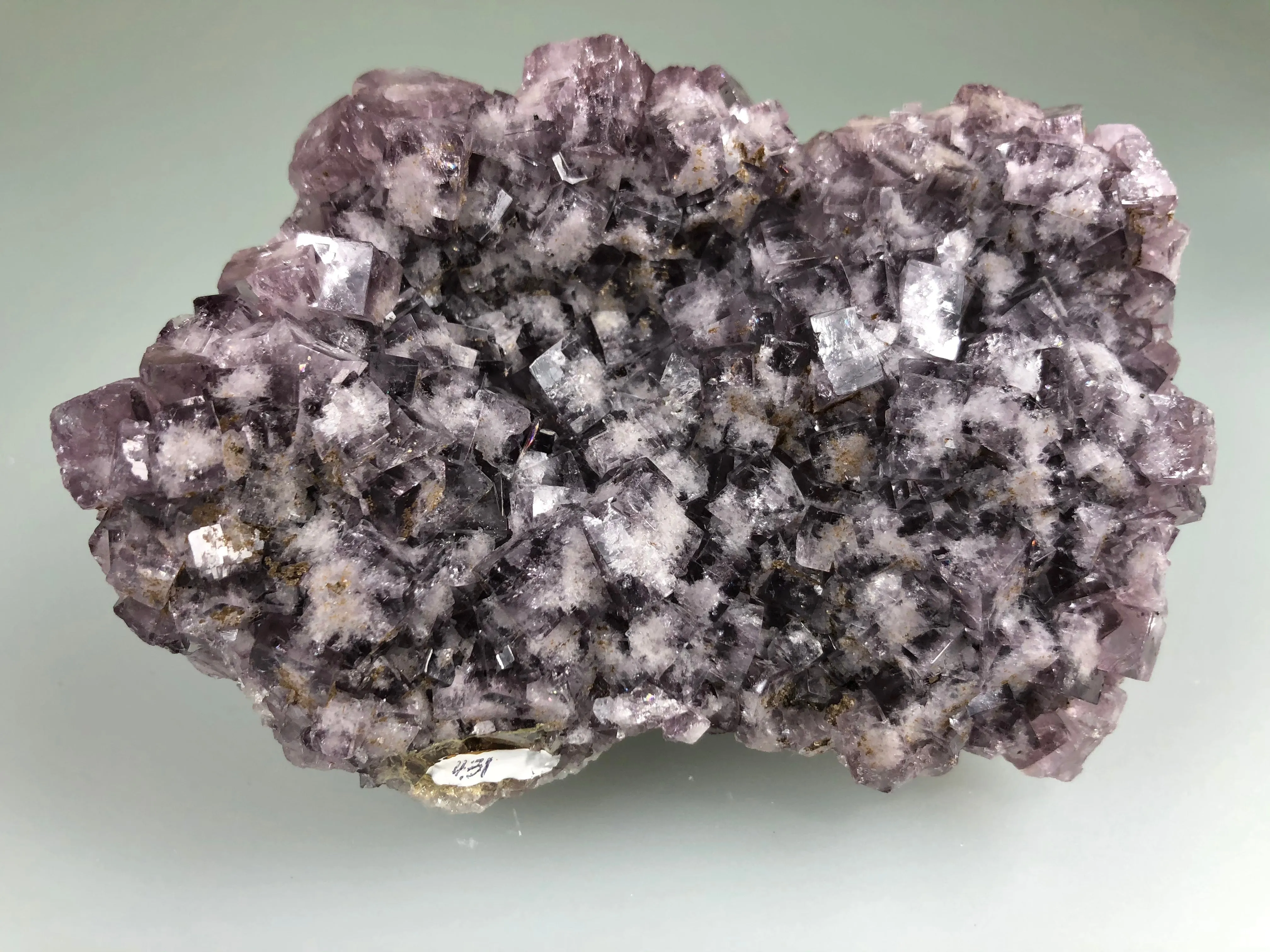 Fluorite on Quartz, County Durham, Weardale, England, Mined c. early 20th Century, ex. Tom Wiesner Collection 431, Ron Roberts Collection D-34, Small Cabinet 2.5 x 6.5 x 8.5 cm, $200. Online 5/11.