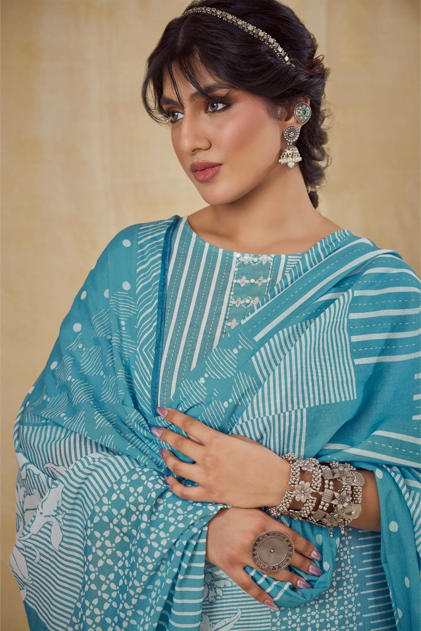 Fresh Blue Geometric & Floral Printed Suit Set