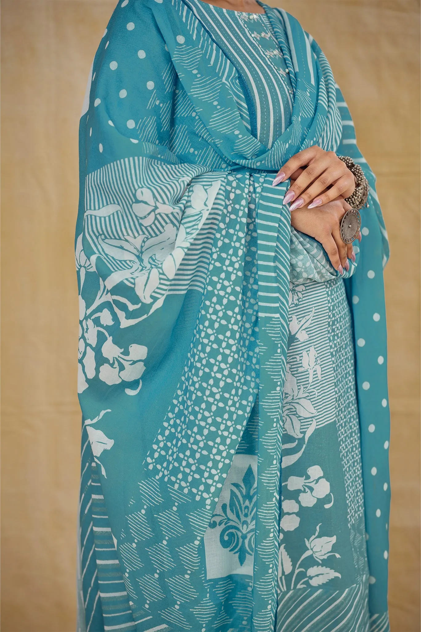 Fresh Blue Geometric & Floral Printed Suit Set