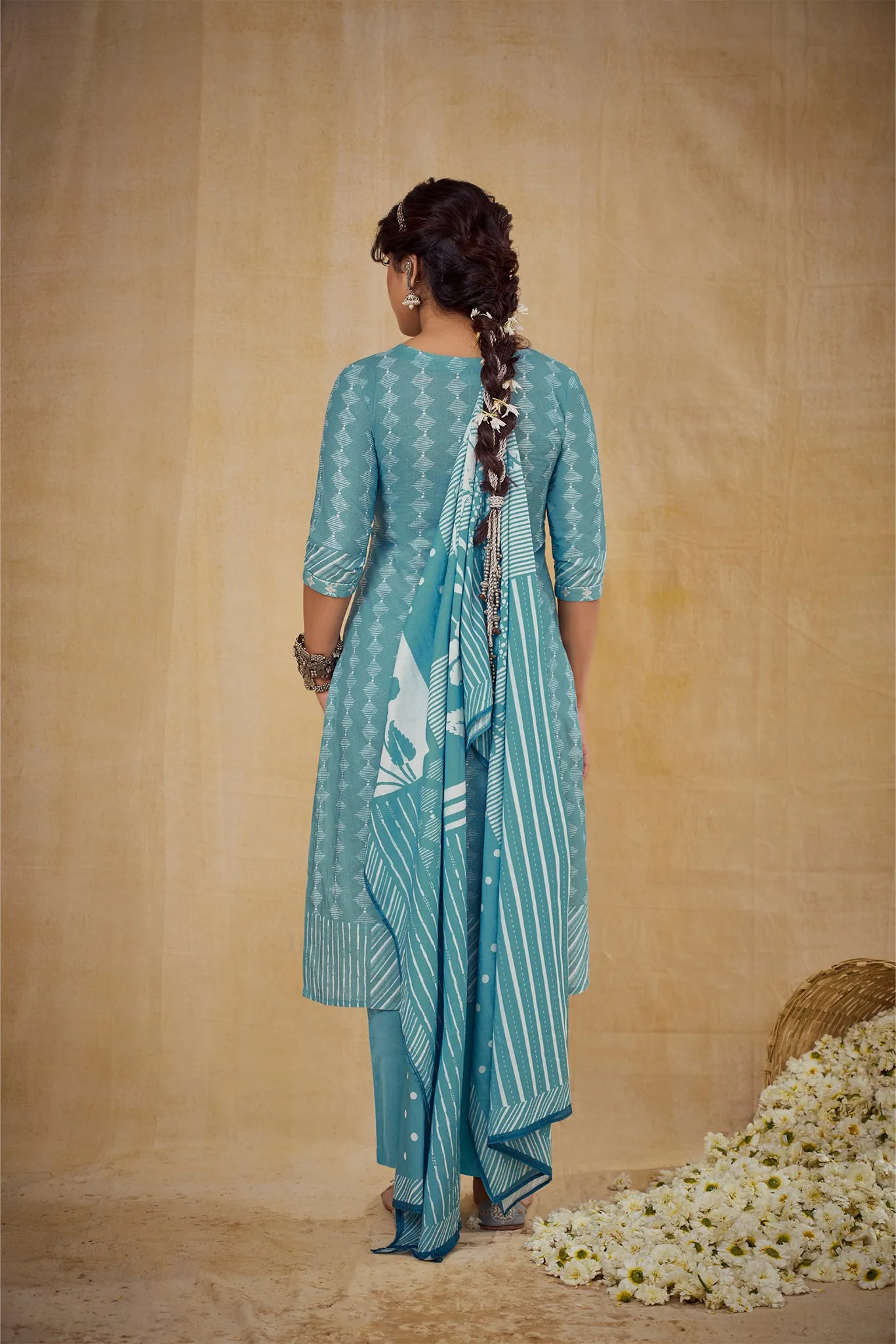 Fresh Blue Geometric & Floral Printed Suit Set