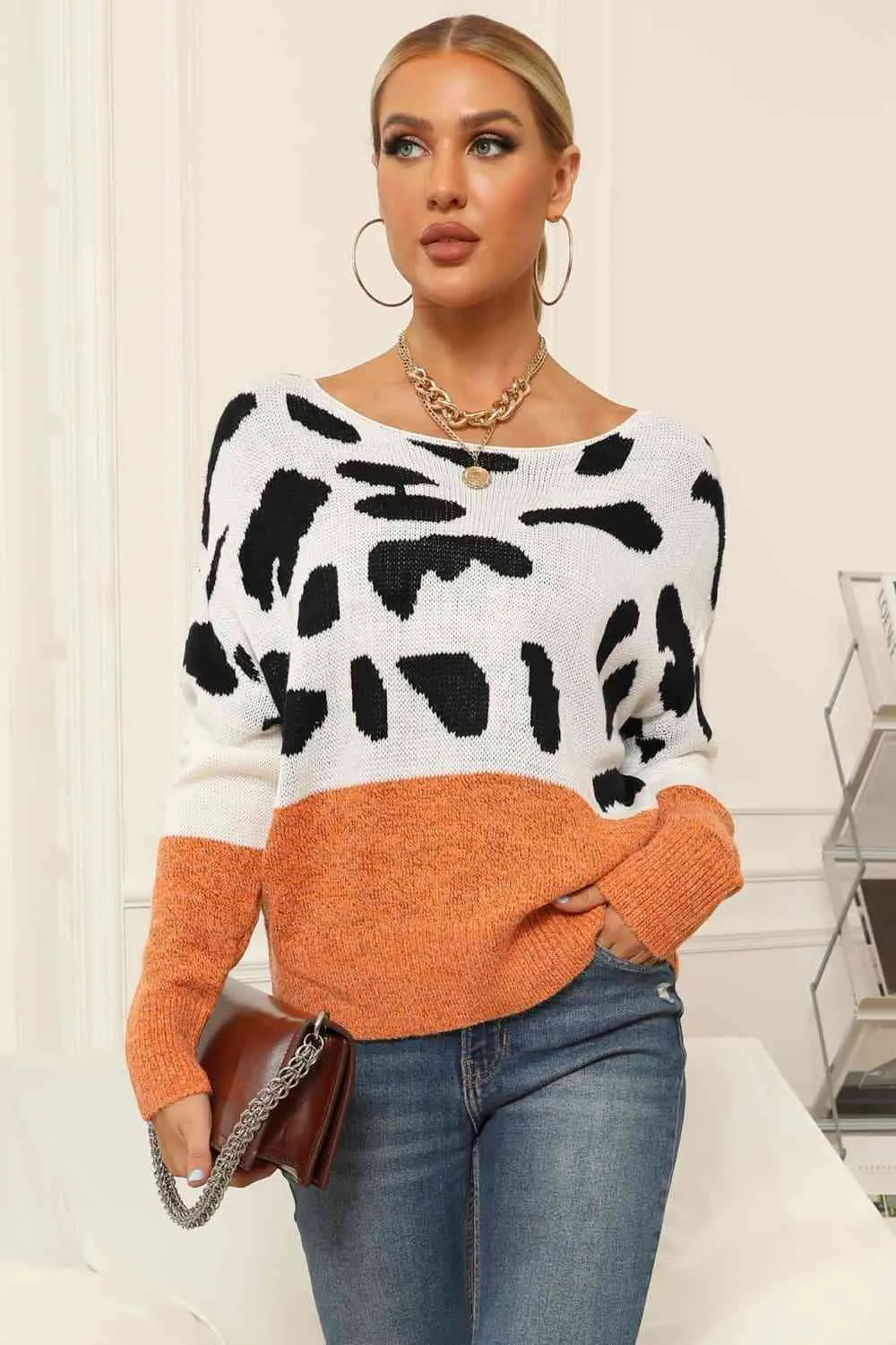 Full Size Two-Tone Boat Neck Sweater (3 Colors)
