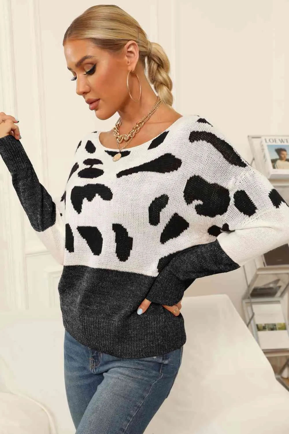 Full Size Two-Tone Boat Neck Sweater (3 Colors)