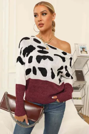 Full Size Two-Tone Boat Neck Sweater (3 Colors)