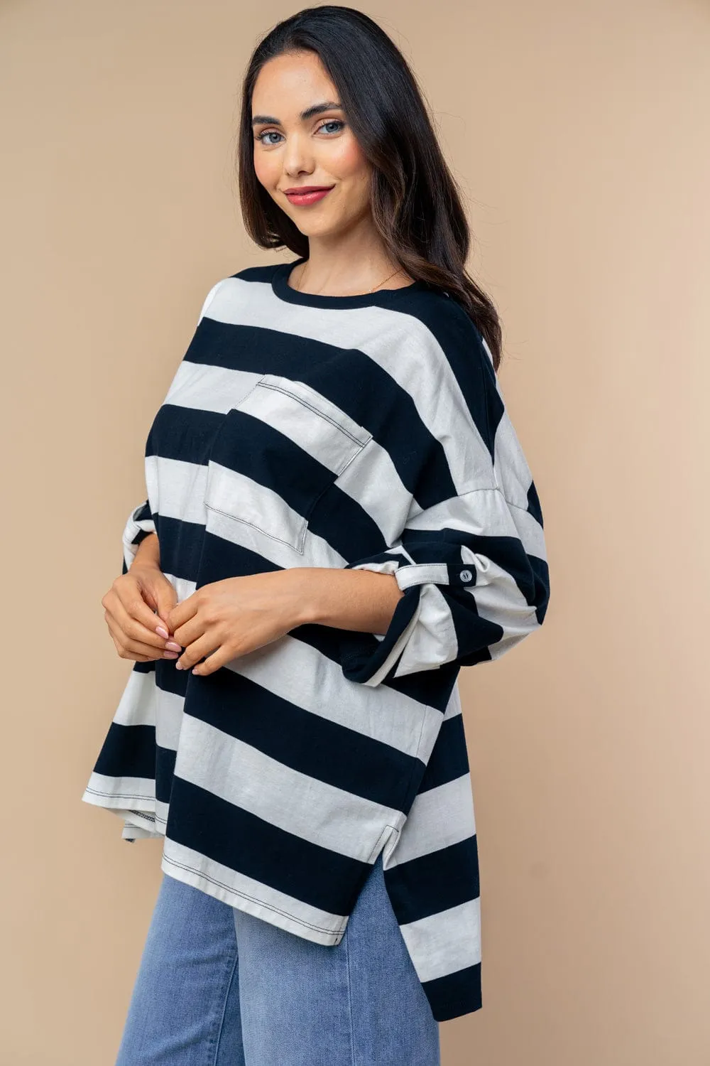 Hayden Slouchy Tab Sleeve Top in Wide Stripes (3 COLORS)