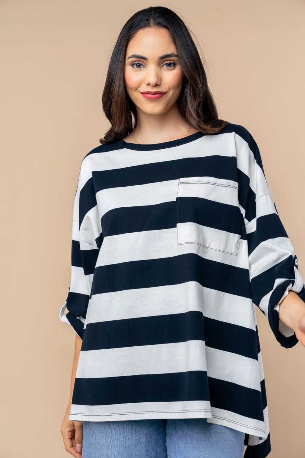 Hayden Slouchy Tab Sleeve Top in Wide Stripes (3 COLORS)