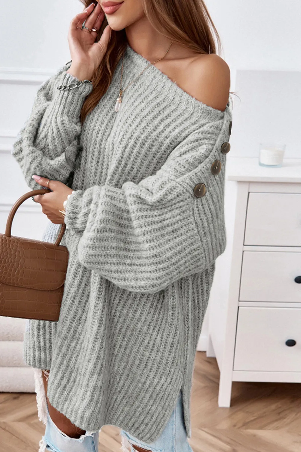 Hazel Blues® |  Buttoned Boat Neck Slit Sweater