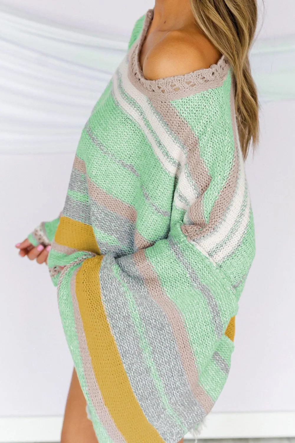 Hazel Blues® |  Contrast Striped Boat Neck Dropped Shoulder Sweater