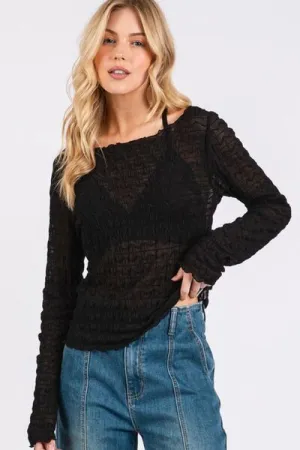 Hazel Blues® |  Mittoshop Lettuce Hem Boat Neck Long Sleeve Blouse