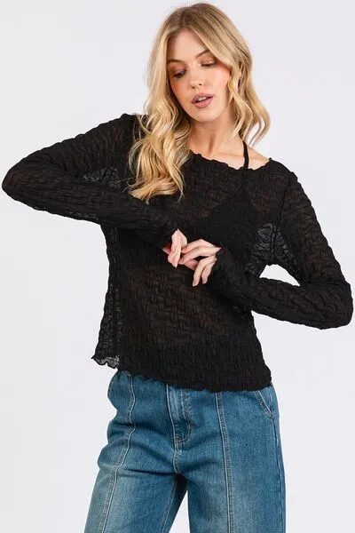 Hazel Blues® |  Mittoshop Lettuce Hem Boat Neck Long Sleeve Blouse