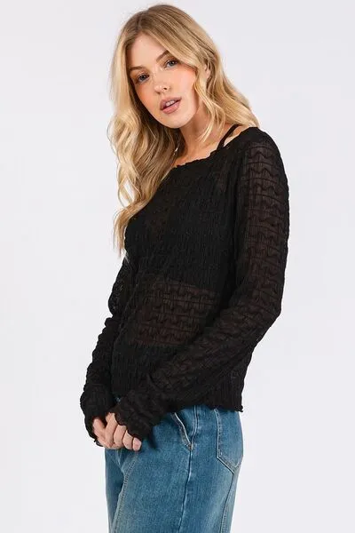 Hazel Blues® |  Mittoshop Lettuce Hem Boat Neck Long Sleeve Blouse