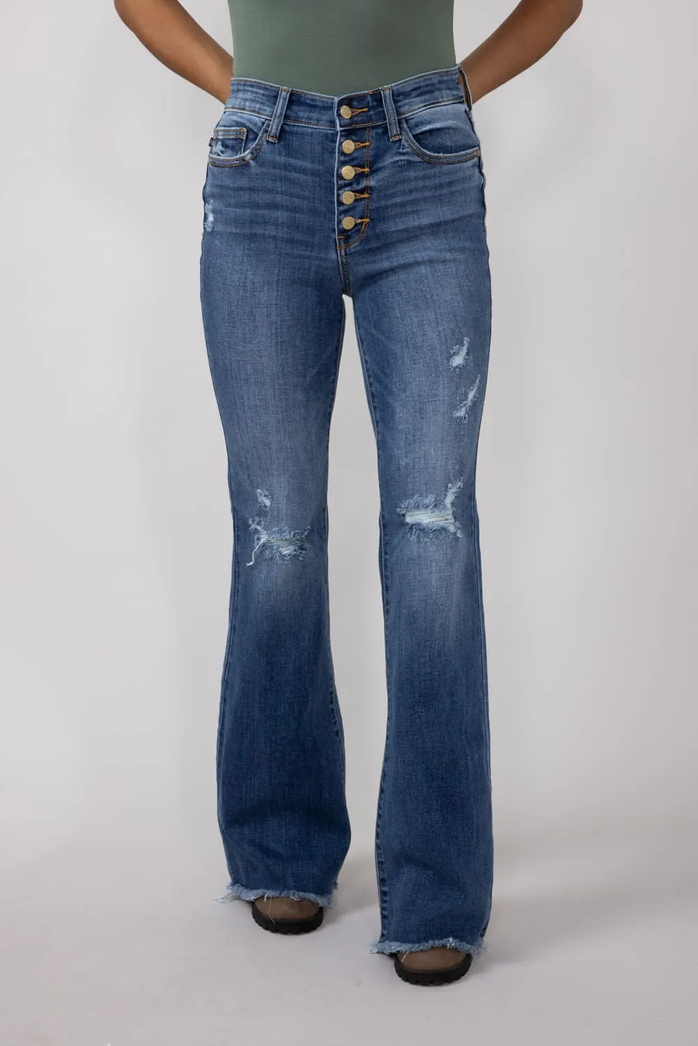 Judy Blue Mid Rise Medium Wash Flare Frayed Hem Distressed Jeans for Women | 82638REG