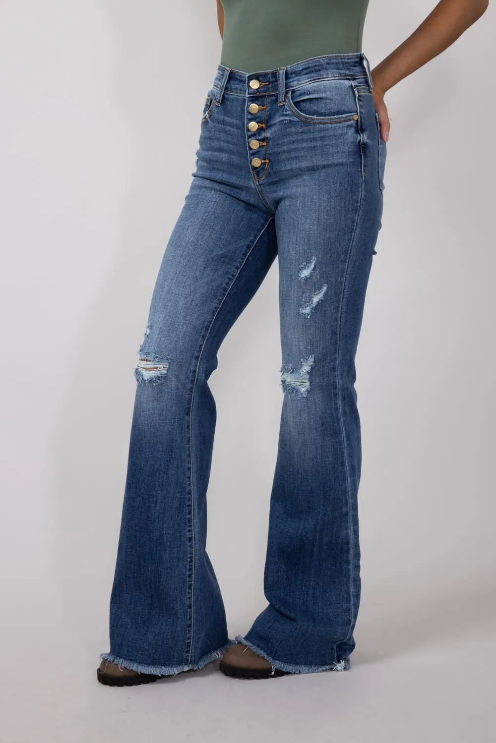 Judy Blue Mid Rise Medium Wash Flare Frayed Hem Distressed Jeans for Women | 82638REG