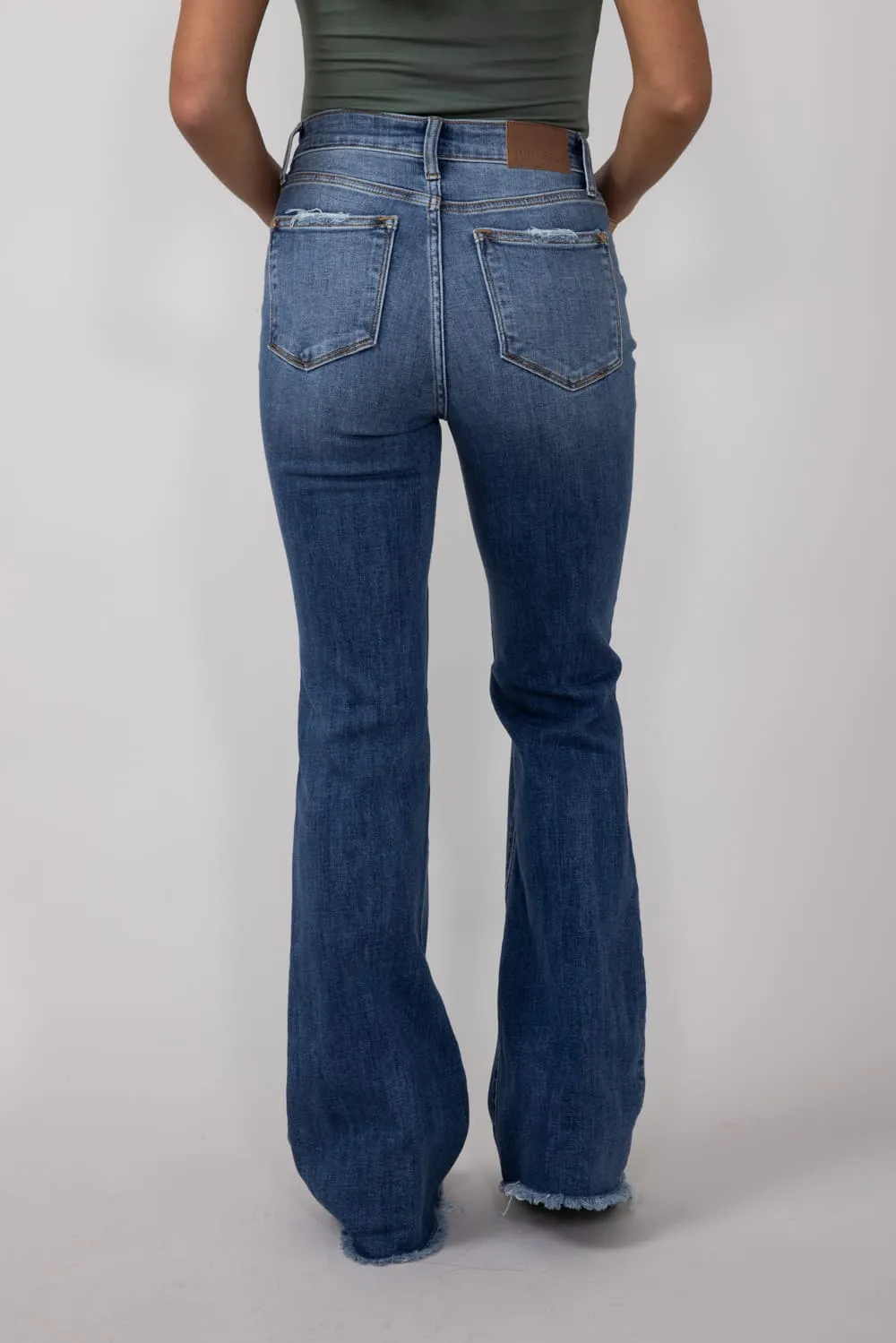 Judy Blue Mid Rise Medium Wash Flare Frayed Hem Distressed Jeans for Women | 82638REG