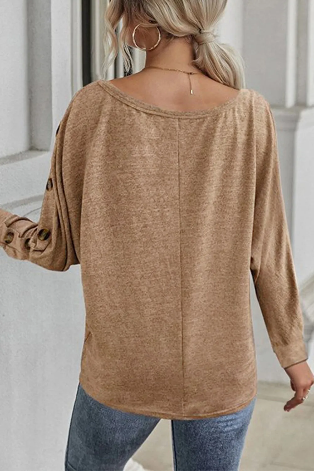 KHD Boat Neck Buttoned Long Sleeve Top