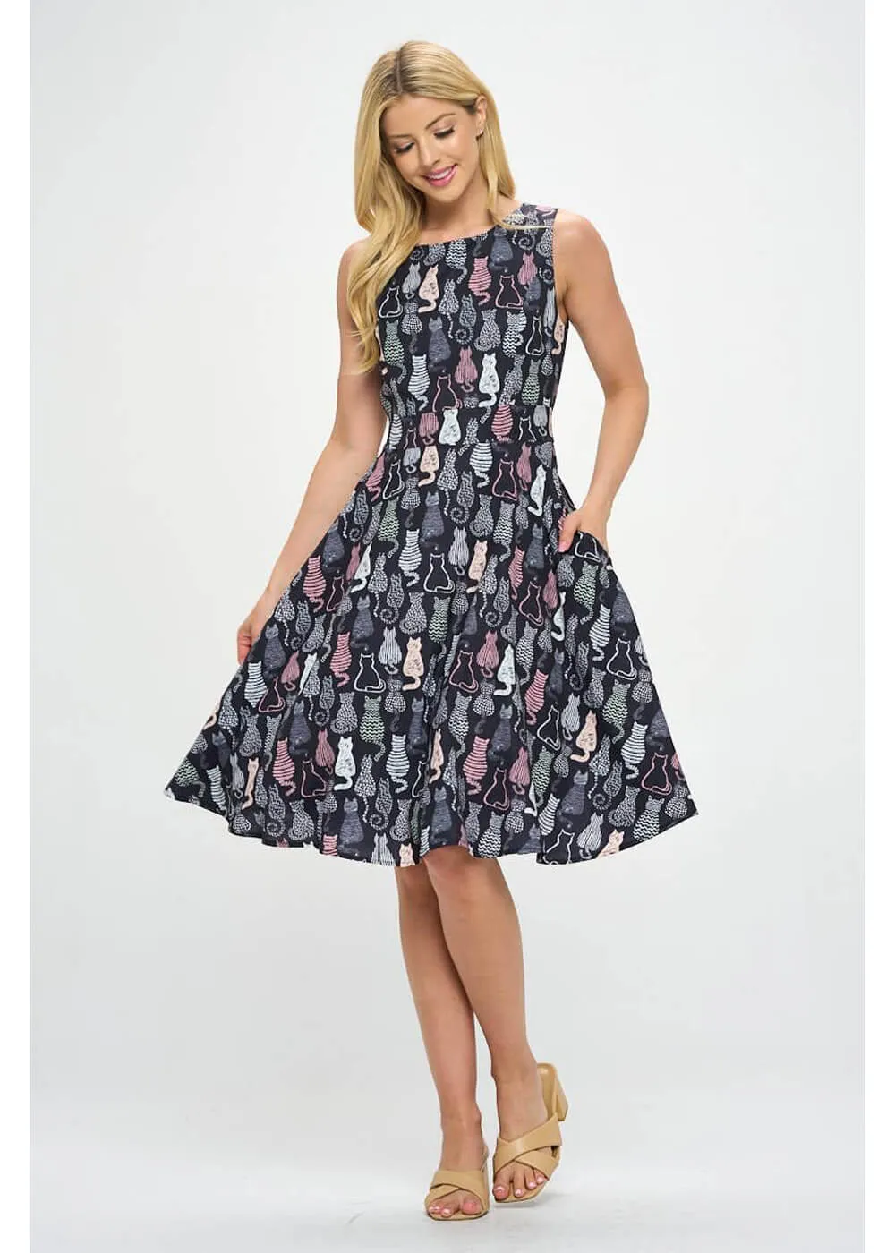 LA Soul Olivia Retro Cats A-Line Dress Black