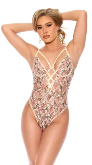 Lace-Up Floral Teddy with Strappy Detail & Keyhole Back