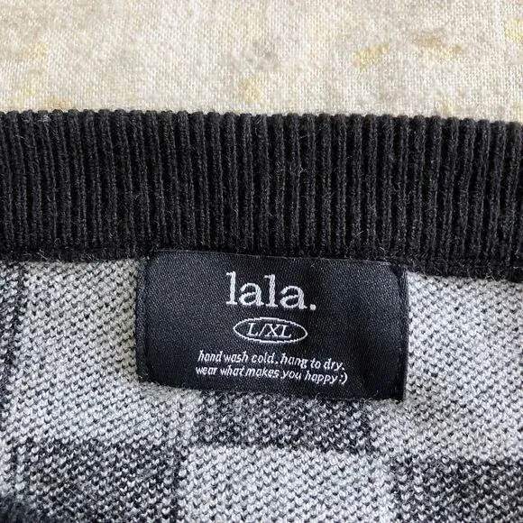 lala L/XL Mod Checkerboard Sweater Boxy Cropped Black White Pullover Boatneck