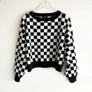 lala L/XL Mod Checkerboard Sweater Boxy Cropped Black White Pullover Boatneck