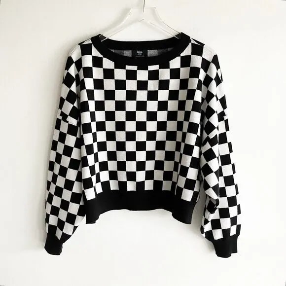 lala L/XL Mod Checkerboard Sweater Boxy Cropped Black White Pullover Boatneck