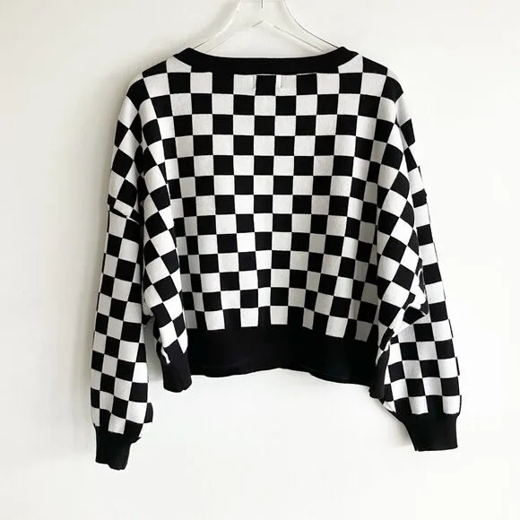 lala L/XL Mod Checkerboard Sweater Boxy Cropped Black White Pullover Boatneck