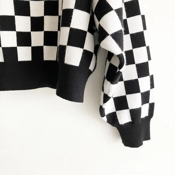 lala L/XL Mod Checkerboard Sweater Boxy Cropped Black White Pullover Boatneck