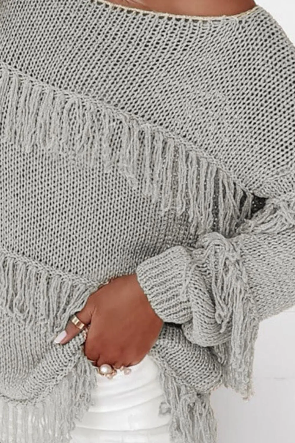 Leslie Fringe Boat Neck Long Sleeve Sweater