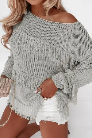 Leslie Fringe Boat Neck Long Sleeve Sweater