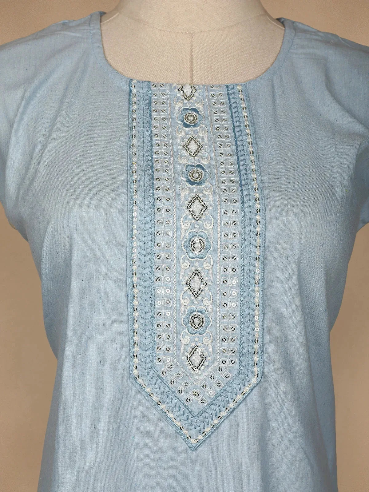 Light Blue Floral Designed Cotton Kurti