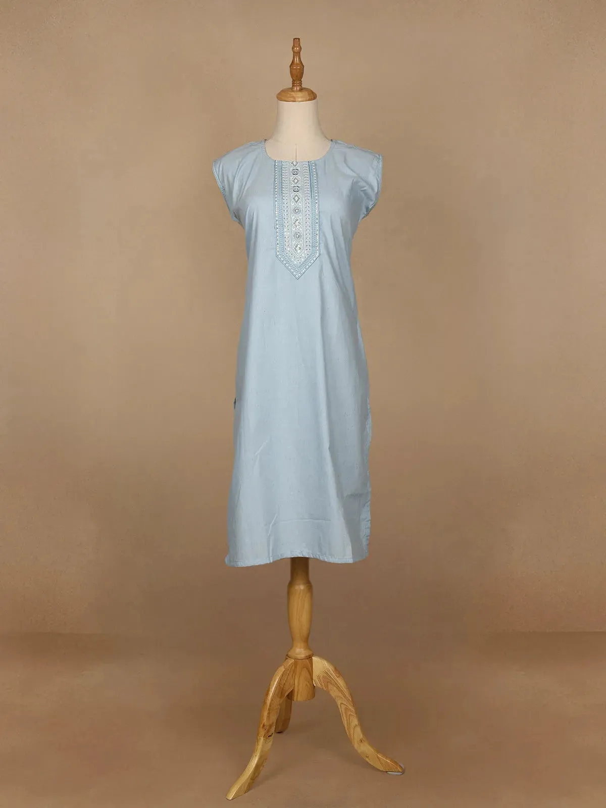 Light Blue Floral Designed Cotton Kurti