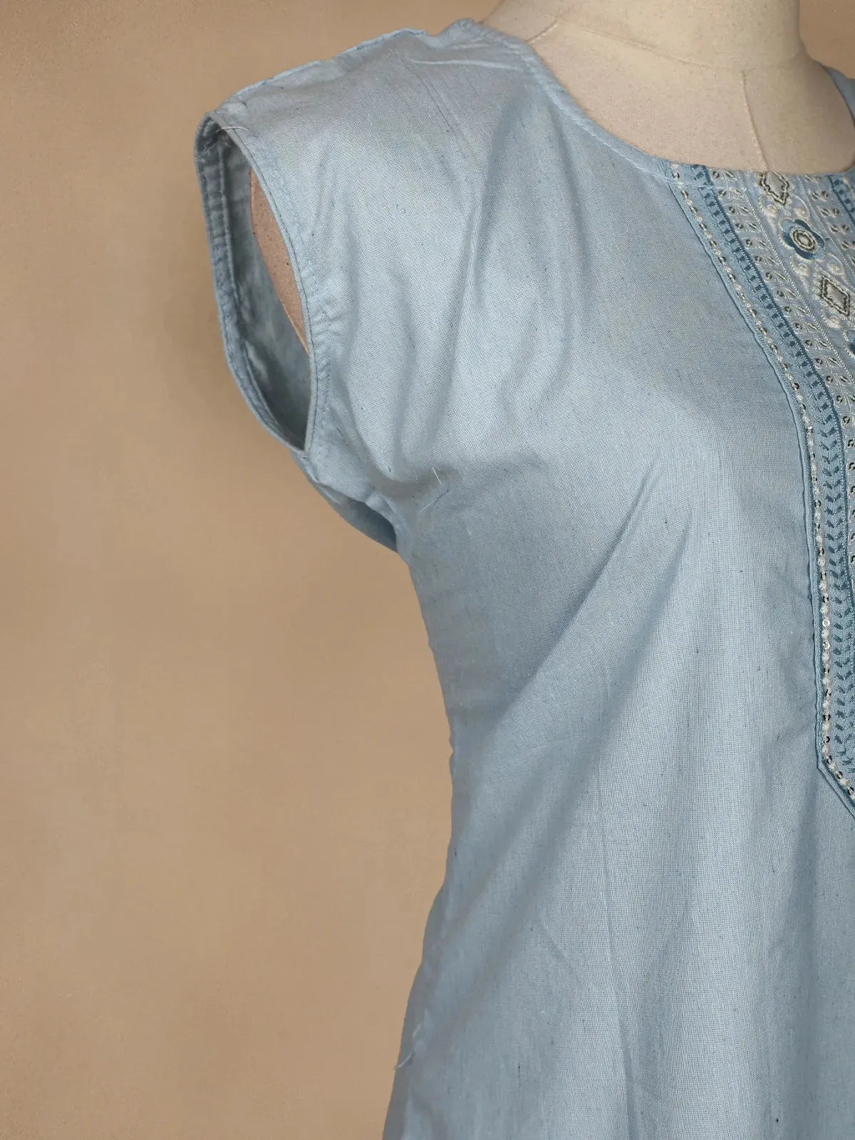 Light Blue Floral Designed Cotton Kurti
