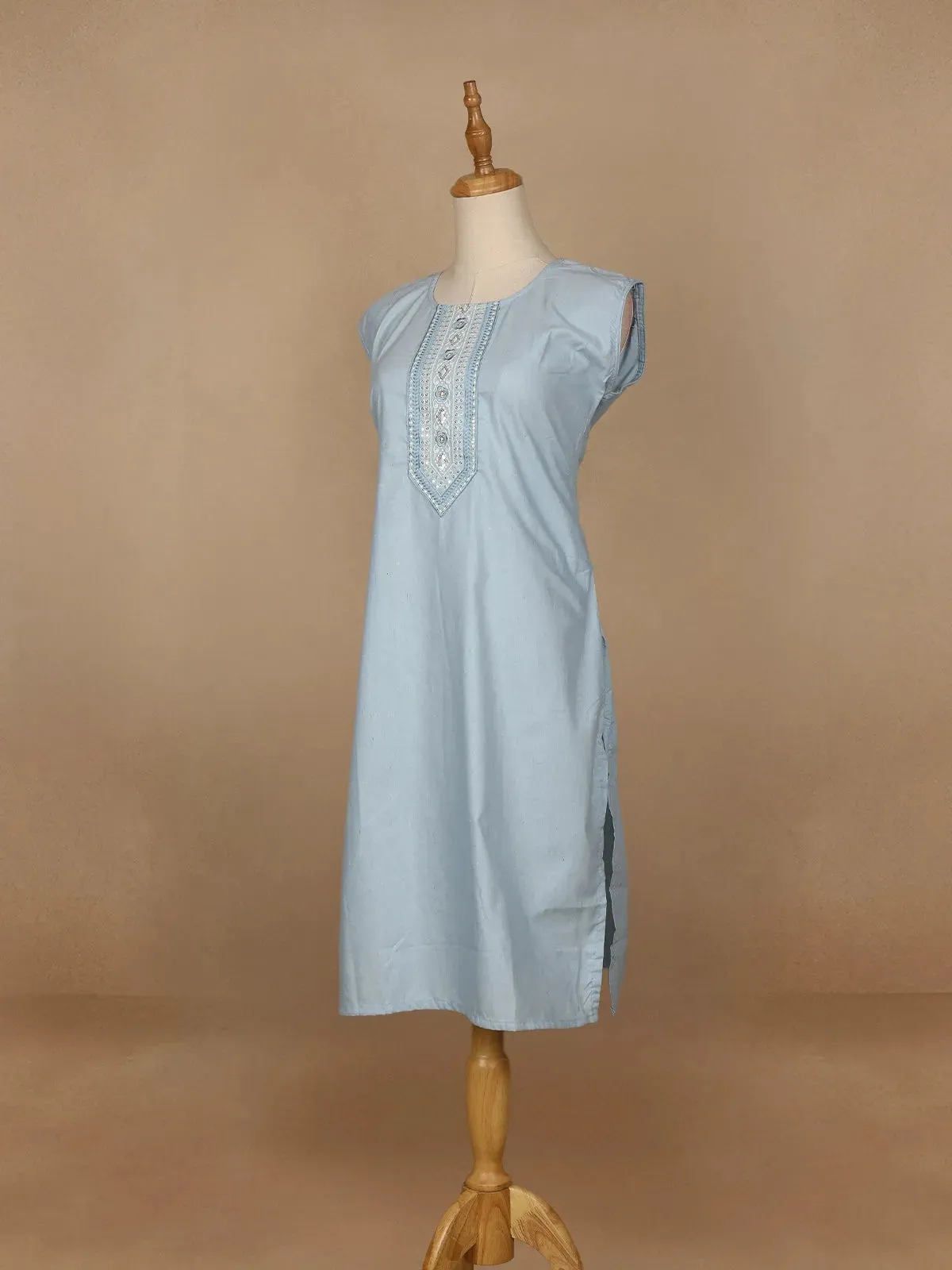 Light Blue Floral Designed Cotton Kurti