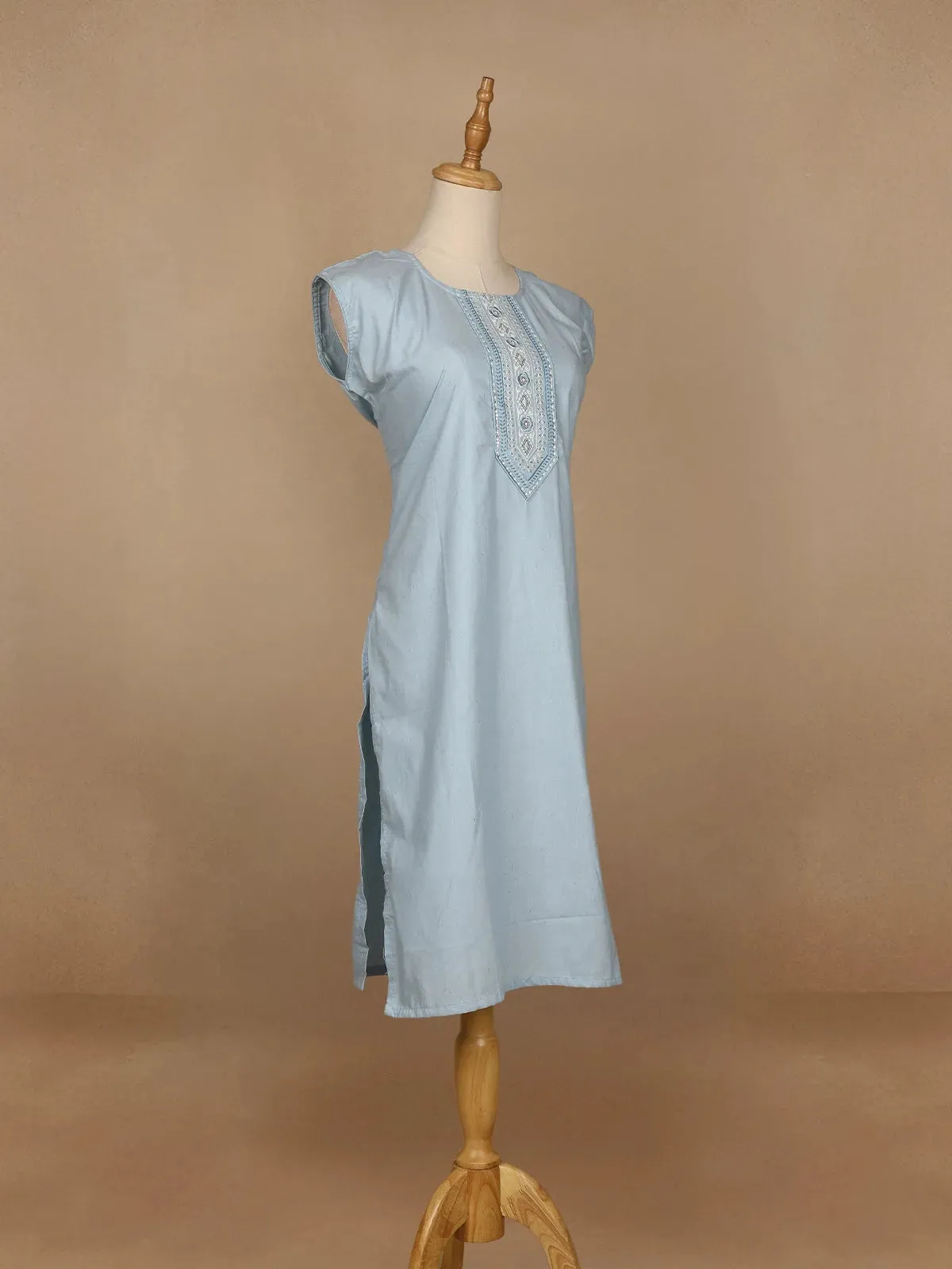 Light Blue Floral Designed Cotton Kurti