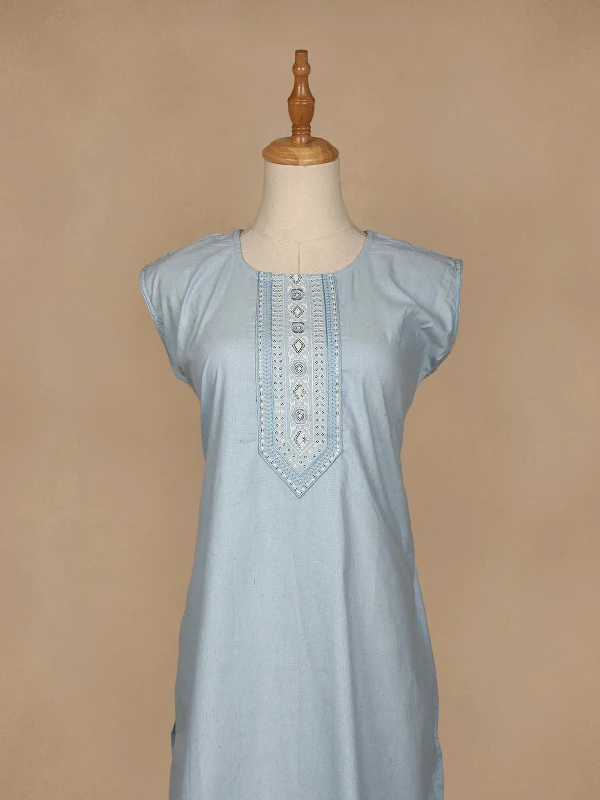 Light Blue Floral Designed Cotton Kurti