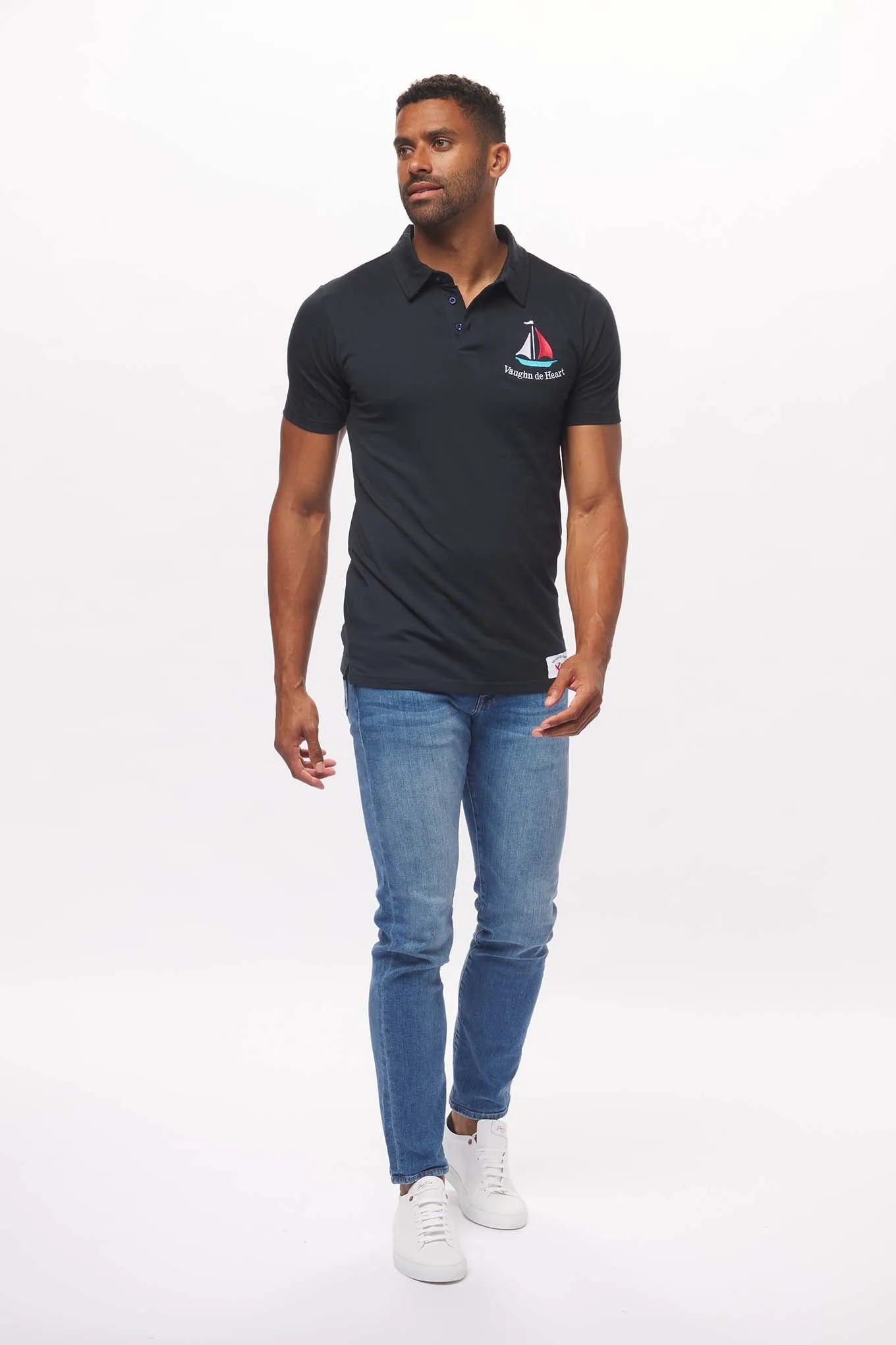 Men's - Voilier - Navy Blue Sailboat French 3 Button Polo