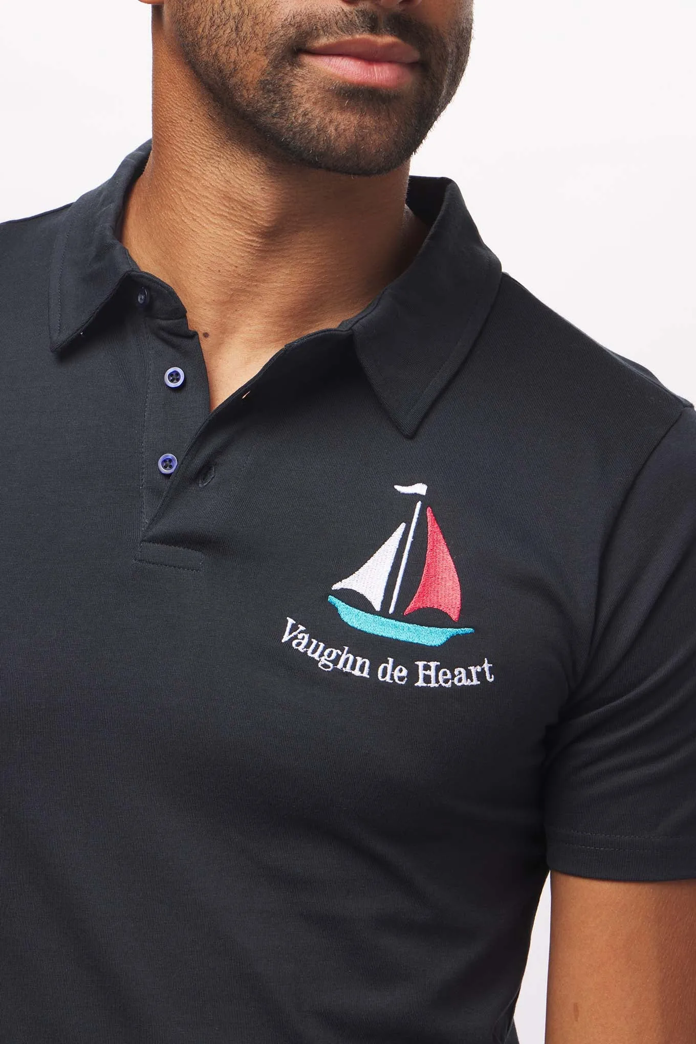 Men's - Voilier - Navy Blue Sailboat French 3 Button Polo